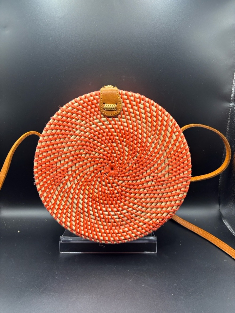Crown Round Woven Crossbody in Orange and Tan